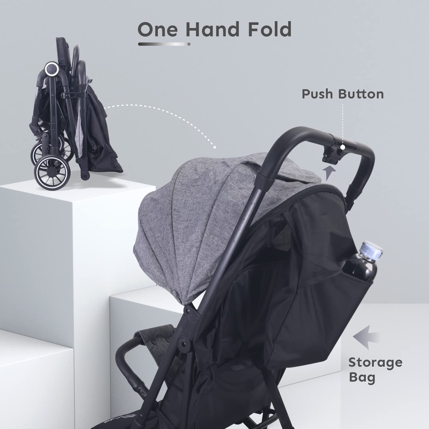 Stroller with one-hand fold feature and push button on a gray background